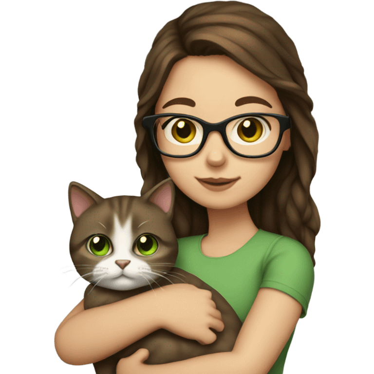 girl with brown hair, green eyes, and square frame glasses holding a cat emoji