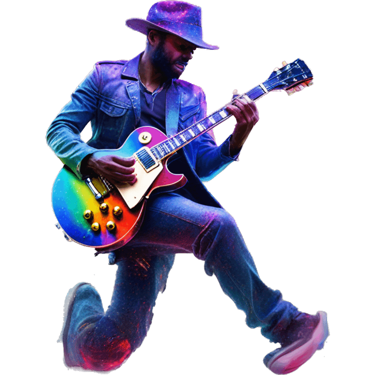 . Double exposure with a full body closeup of a manly man playing a red Gibson Les Paul electric guitar. bright contrast. lithium. neon rainbow drip effect. movements and realistic render. emoji