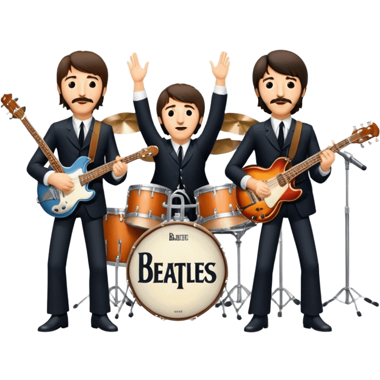 Rock music icon: The Beatles performing live on stage. John Lennon with guitar, Paul McCartney with bass, George Harrison with guitar, Ringo Starr on drums. Bright lights, energetic performance. Transparent background. emoji