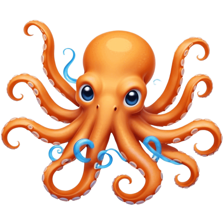 Cinematic Comical smirking Octopus Portrait Emoji, Head tilted dramatically with an exaggeratedly amused expression, featuring a rotund, light orange body festooned with bold blue rings and eight wildly expressive arms with comically animated suckers, Simplified yet hilariously expressive features, highly detailed, glowing with a slightly sassy underwater glow, high shine, dramatic yet playful, stylized with an air of quirky marine mischief, soft glowing outline, capturing the essence of a meme-worthy octopus that looks ready to squirt its way into viral fame! emoji