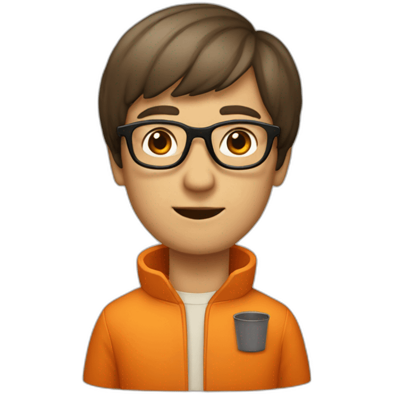 a man with a bowl cut brown glasses, a orange jacket emoji