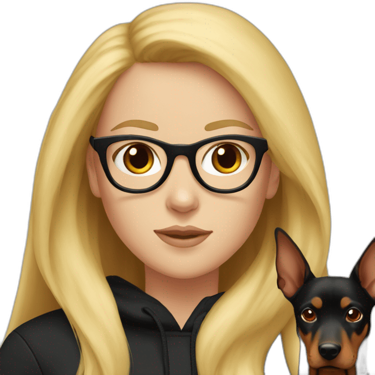 white girl with glasses and long blonde hair and black hoodie and a red doberman emoji