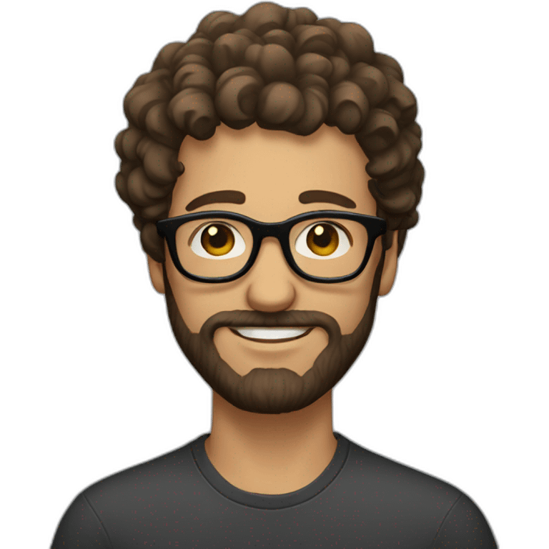 man with curly brown hair, long brown beard and black rimmed glasses emoji