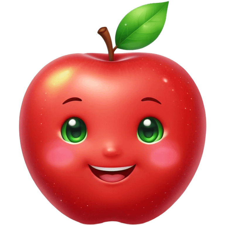 Cute Kawaii Apple, round and plump, bright shiny red with a tiny green leaf, chubby cheeks, sparkling eyes, a happy smile, soft glowing highlights, radiating fresh sweetness! emoji