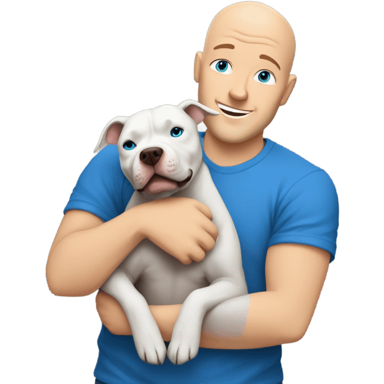 bald white man with blue eyes and blue tshirt Hugging large grey pit bull emoji