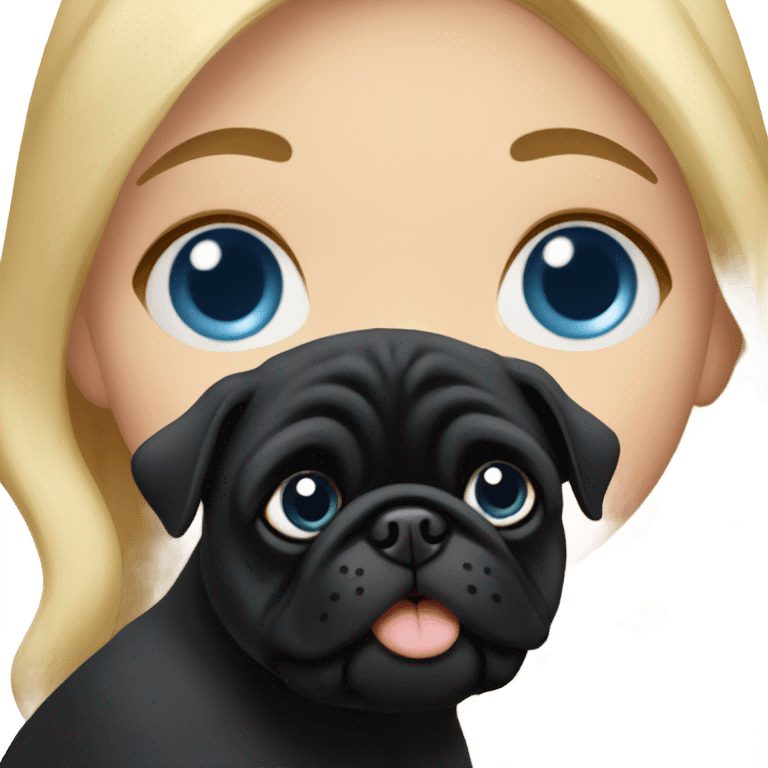 Girl with wavy blonde hair and blue eyes kissing a black pug emoji