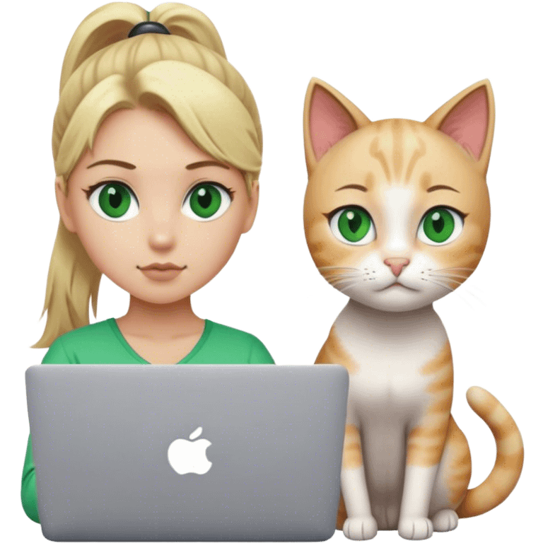 Blonde girl ponytail green eyes with macBook and a cat emoji