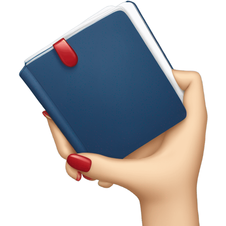 a female hand with a red manicure holds a dark blue notepad emoji