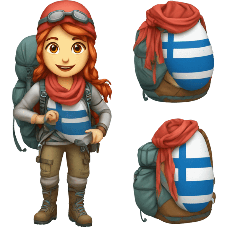 Female winter mountain climber red loose hair climbing with Greek flag on backpack and holding Easter eggs basket emoji