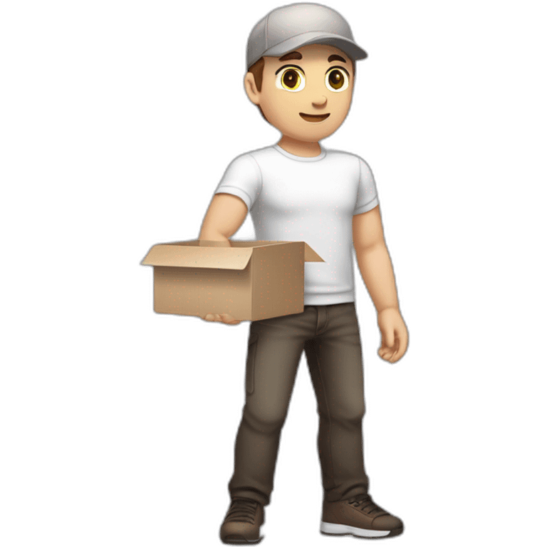 Pale skinned fit Man with dark brown hair in a light gray cap, dark brown jeans, brown polo and white T-shirt keeping a pasted with tape white box into his hands emoji