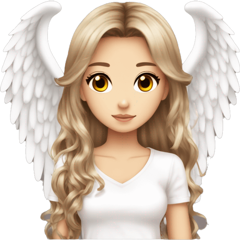 hime gyaru girl, angel wings, halo, white top, long brown beautiful hair  emoji