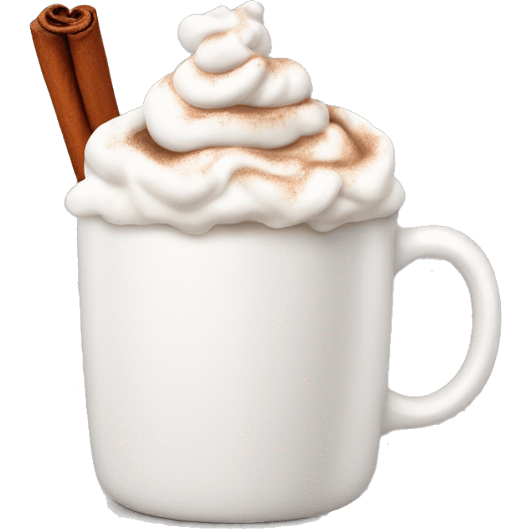 white mug of hot chocolate with whipped cream and cinnamon emoji