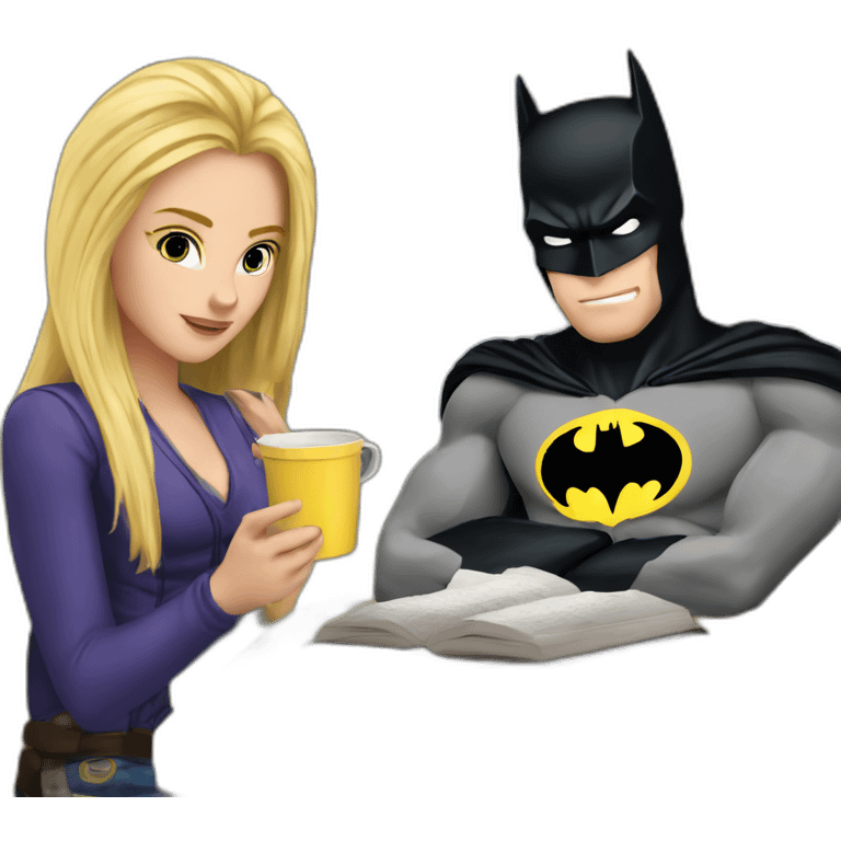 The blonde girl and the strong batman are studying with coffee emoji