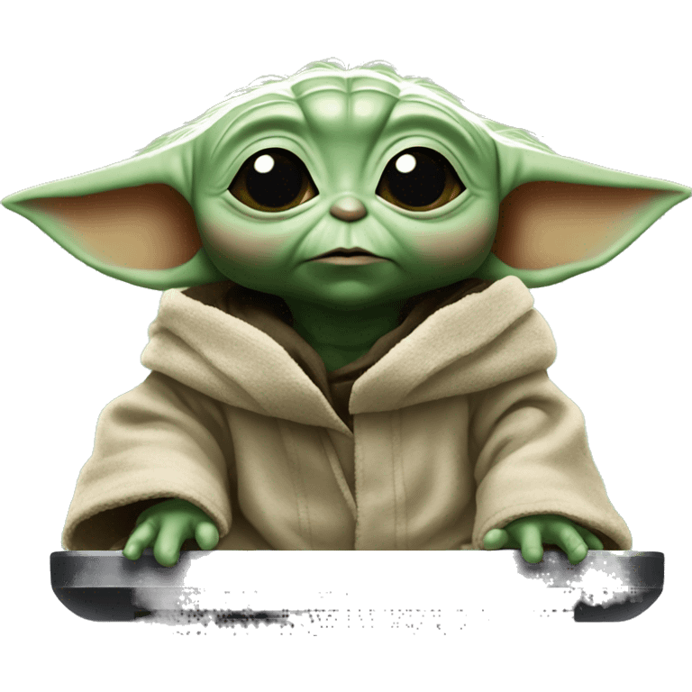 Baby yoda in front of the screen working  emoji