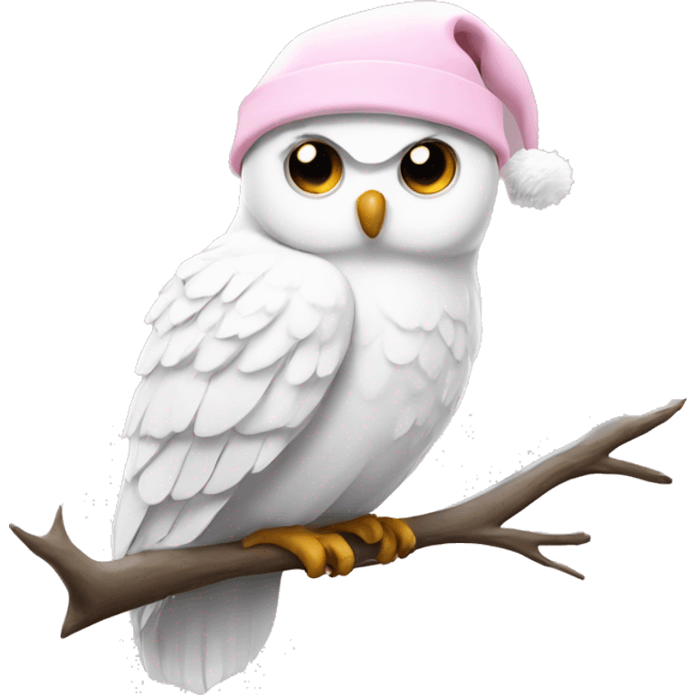 White owl on branch with light pink Christmas hat  emoji