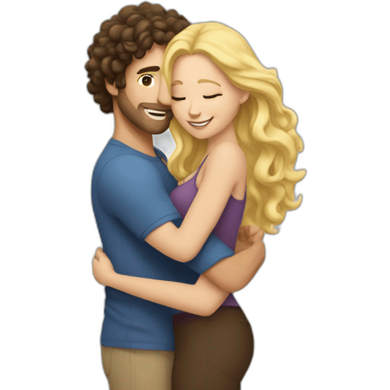 White Man with long dark curly hair hugging a blonde curvy woman emoji