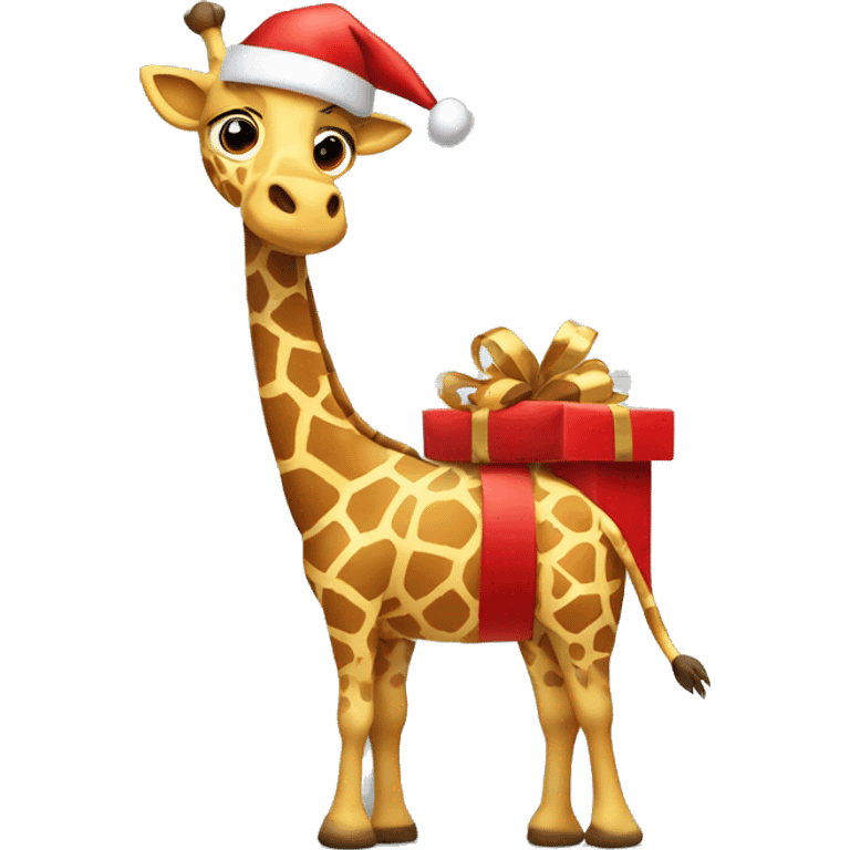 Giraffe wearing a Santa hat and scarf, holding a gift. emoji