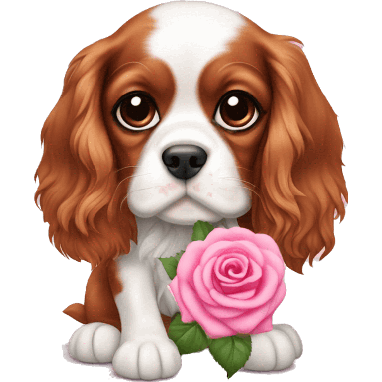 lovely Cavalier King Charles Spaniel puppy holding a pink rose emoji