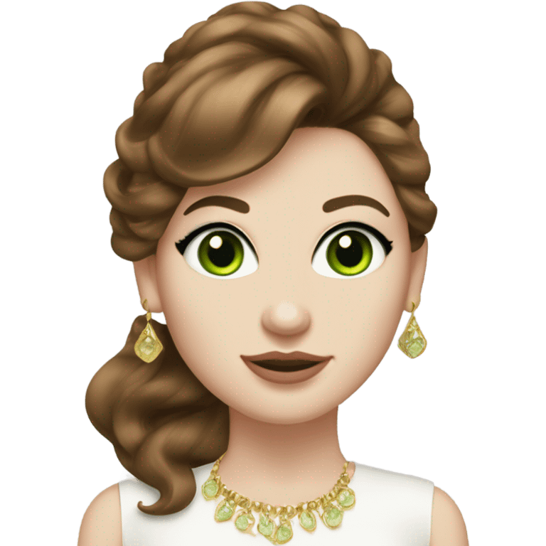 woman, with chestnut brown hair, her hair are a 90s voluminous blowout with curtain bangs, she has very green eyes and a white pale skin, she has pink lipstick on and long lashes, she wears a white to and  gold earrings  emoji