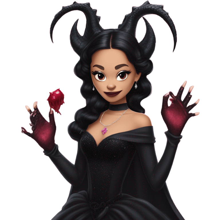 low cut black evening gown with see-through gloves, Jenna Ortega as Addams woman prom queen wearing a mini tiara, very large blood  pink evil-looking horned old dragon companion emoji