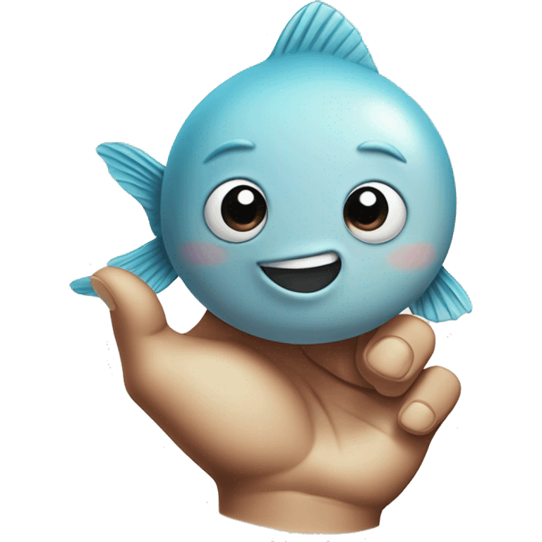 A fish doing a peace sign with his hand, raising his index and middle finger emoji