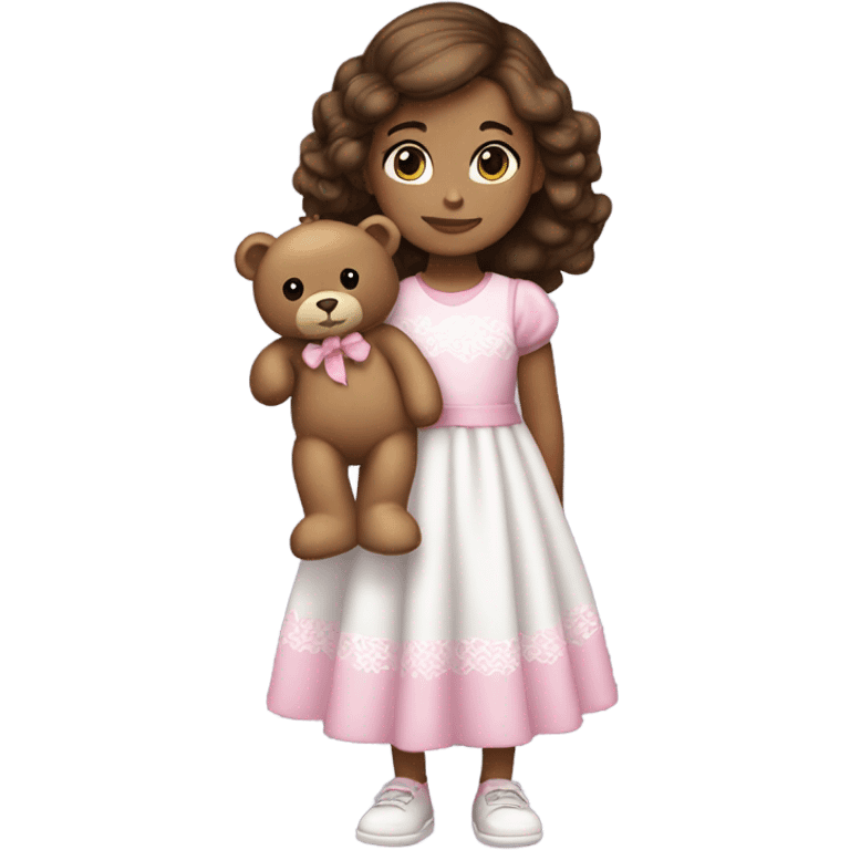 Little Girl White, black eyes.  brown hair  She is wearing a pink and White dress, standing and holding on to a teddy bear. emoji