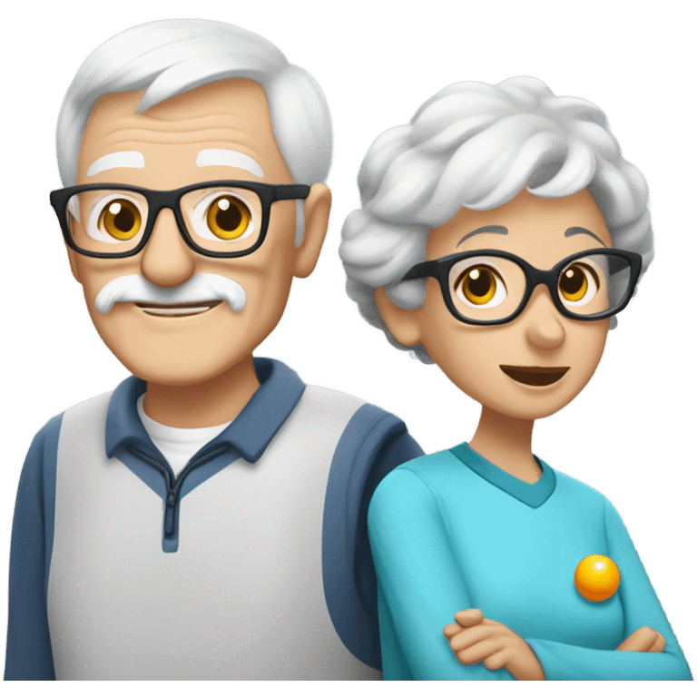 A small grandma with short grey hair and glasses, and a thin grandpa with a short white beard and glasses, playing pickle ball with a small black and white schnauzer emoji