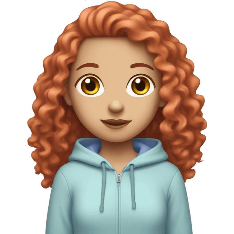 white girl with long red curly hair, wearing a pastel periwinkle hoodie doing a pose emoji