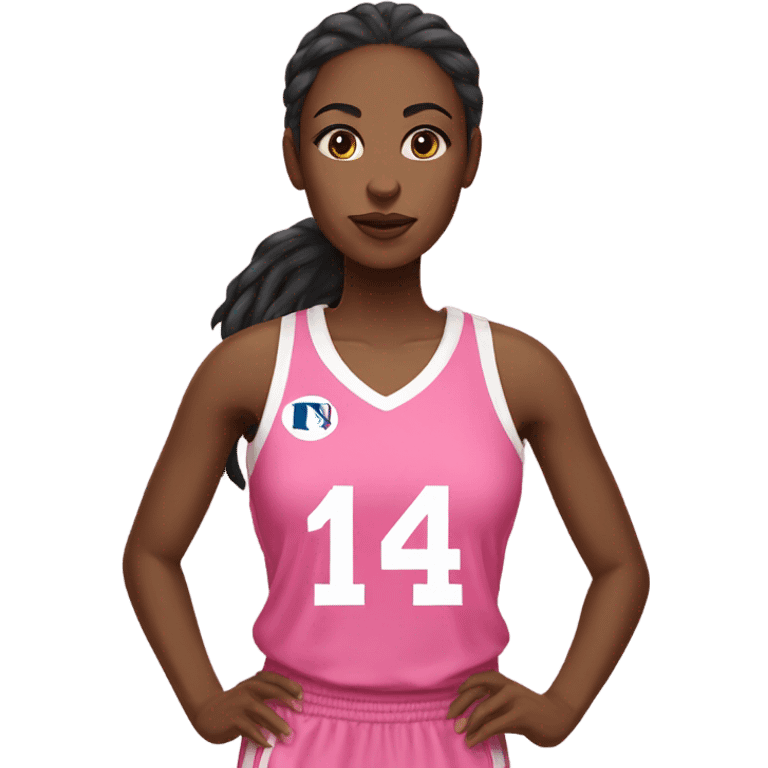 Black women with a white and pink basketball jersey on, wearing number 14 emoji