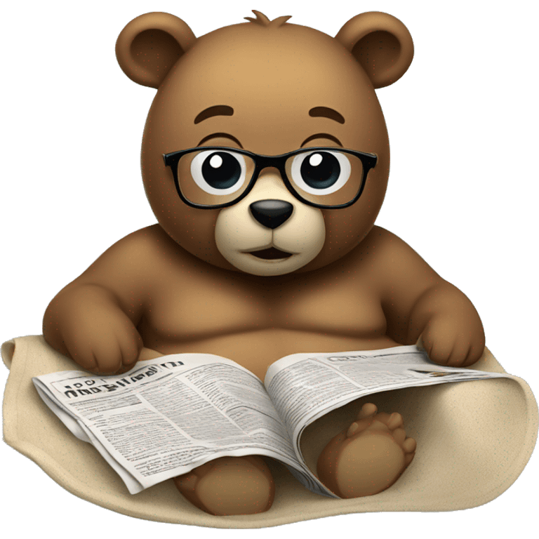 Bear lying on a beach towel wearing glasses reading a newspaper. emoji