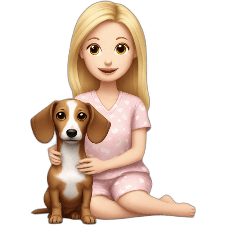 light-eyed white girl in pajamas and her little dachshund dog emoji