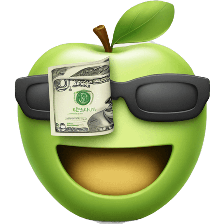 Apple-style emoji of a playful character winking, holding a dollar bill in one hand and the other hand on their hip. emoji