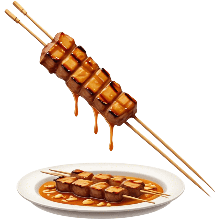 Cinematic Realistic Satay Dish Emoji, depicted as skewered, marinated meat grilled to perfection rendered with rich, smoky textures and dynamic, appetizing lighting. emoji