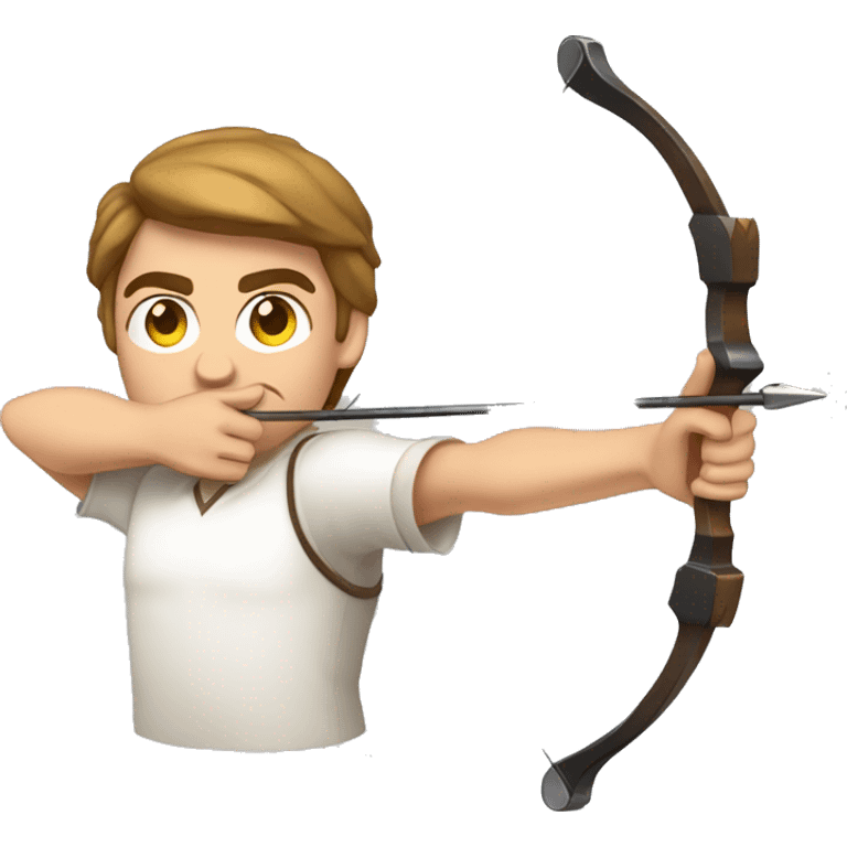 a male archer aiming with a bow looking and  aiming at his target, wearing a white shirt, very show brown hair, bright skin emoji