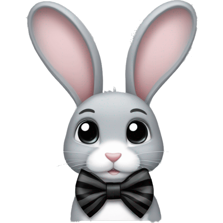 Grey bunny with a black and white stripped bow emoji