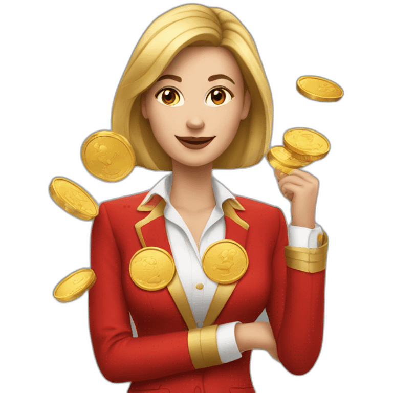 Posh-woman-with-red-suit-holding-golden-coins emoji