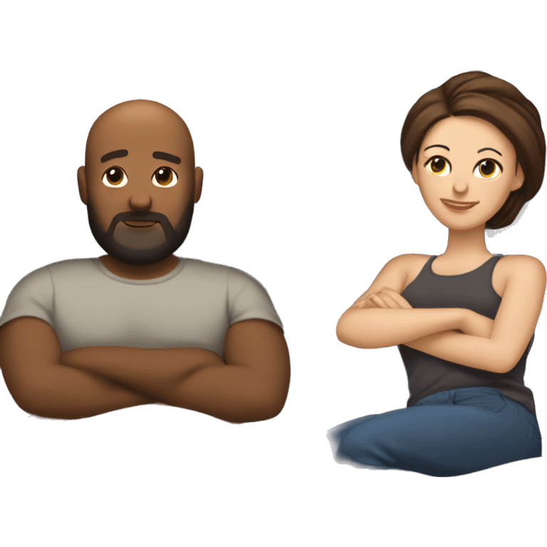 Bald brown woman laying in bed next to chubby tall white brunette man with a beard and a man bun  emoji