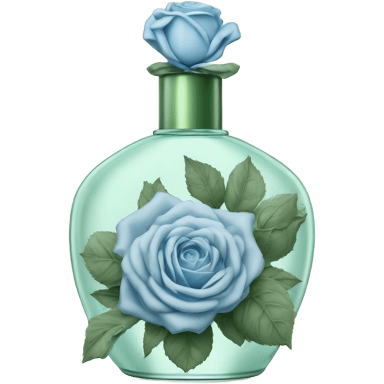 Aesthetic composition of soft blue roses with a vintage-style green  perfume bottle.
 emoji