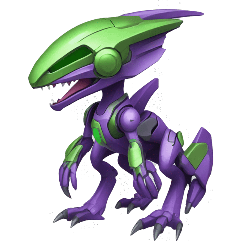 a purple-green Genesect-Raptor-Fakémon—hybrid with a futuristic visor-helmet full body emoji