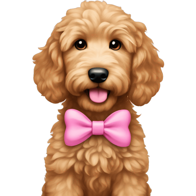 Goldendoodle puppy with a pink bow emoji