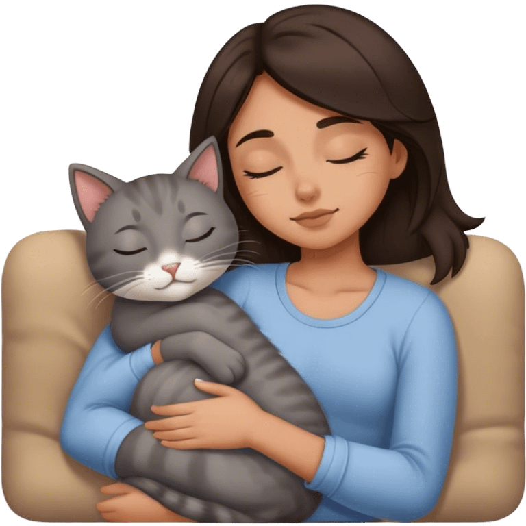 Grey kitty sleeping on brunette girl's lap emoji