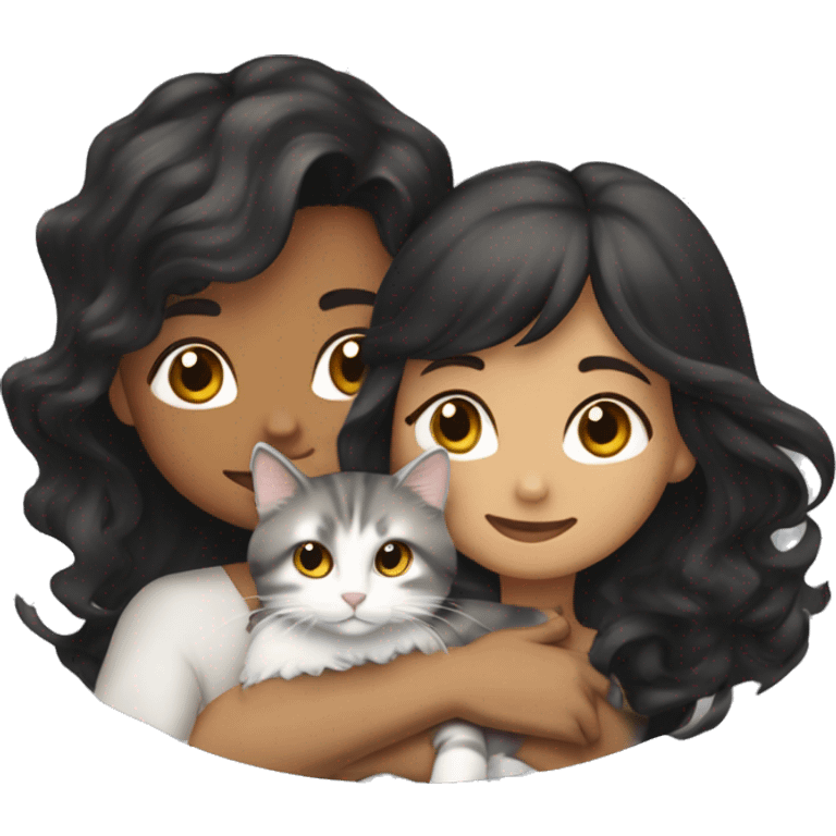 TAN SKIN GIRL with long black wavy hair and bangs HUGGING HER LIGHT BROWN, GRAY, and WHITE CALICO CAT  emoji