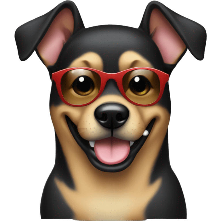 Female black large dog with very short hair and big ears with sunglasses . She is smiling with the tongue outside the mouth  emoji