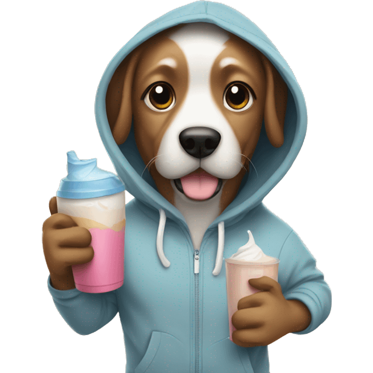 Dog wearing a hoodie with a protein shake emoji