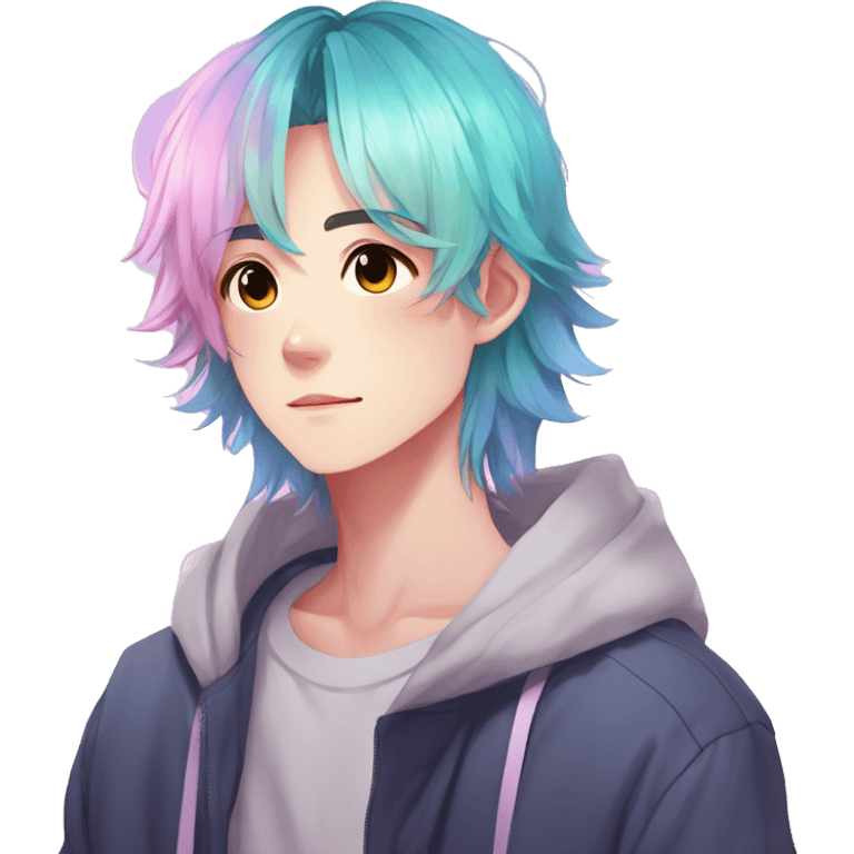 Gorgeous anime style boy with blushing face aesthetic and pretty colorful shiny gradient pastel hair trending style emoji