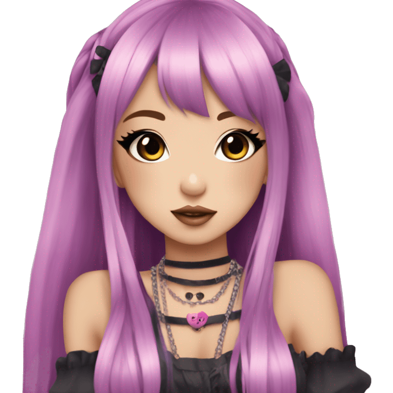 hime gyaru girl, long straight pink and purple hair, tattoos, dark makeup,  emoji