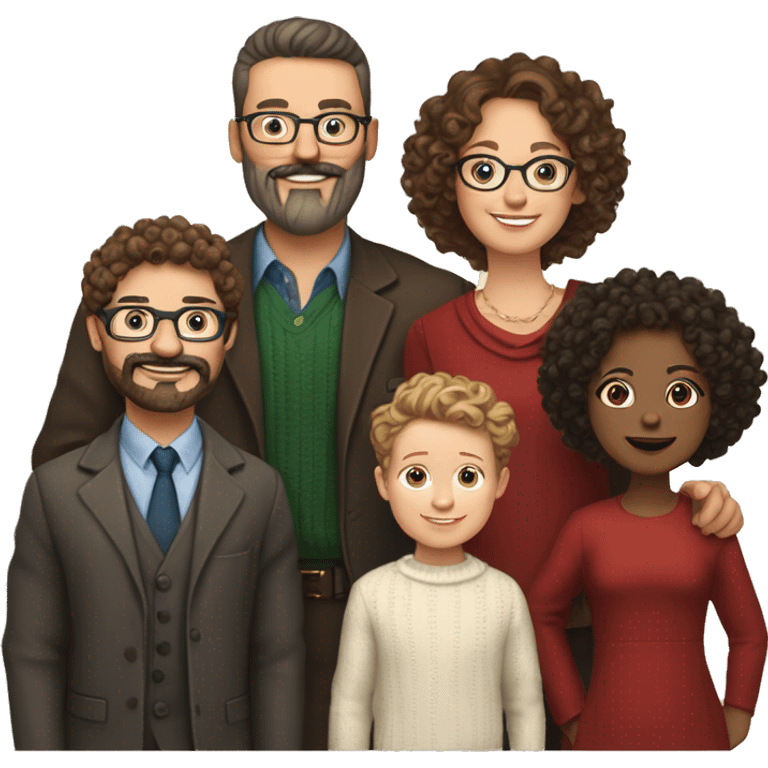 Family of 6 white people, bold head dad, curly dark haired mom,  brown mid long hair daughter, 3 curly light brown hair boys, first with glasses, moustache, 2 other with beard, well dressed for christmas party emoji