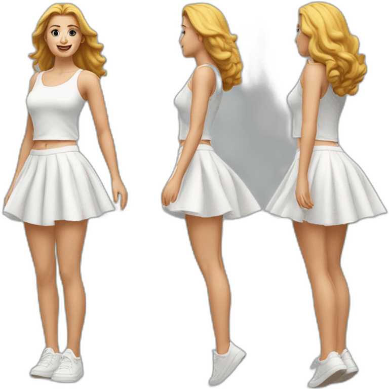 Hyperrealistic Full body Caucasian curvy beauty jumping short white skirt back and front views strong wind emoji