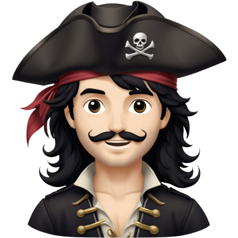 A charismatic pirate with wavy black hair tousled by the breeze. His silver-embroidered tricorn hat casts a shadow. He turns slightly, dark eyes glinting with mischief as he looks to the side, a knowing smile on his lips emoji