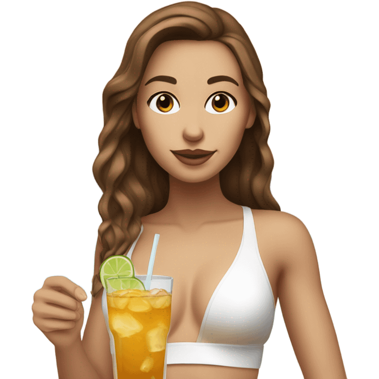 White girl with brown hair drinking a cocktail on holiday in a white bikini emoji